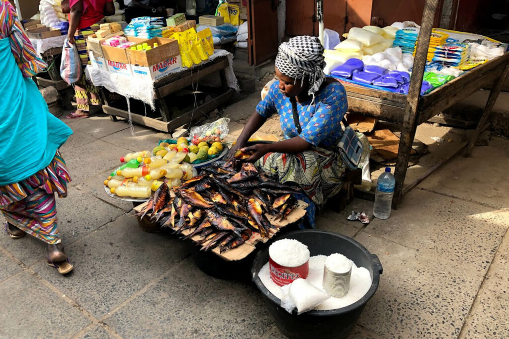 Serekunda Market in Gambia, een verkoopster op de markt